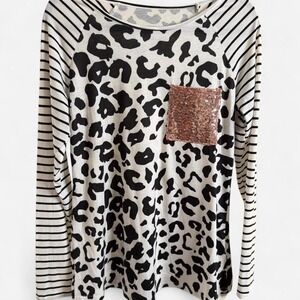 Medium Striped long sleeve top with leopard print & pink sequin pocket